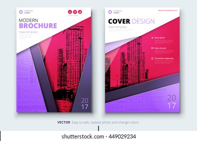 Brochure design. Corporate business template for brochure, annual report, catalog, magazine. Layout with purple ribbon and pink abstract city background. Leaflet, poster, flyer or banner concept