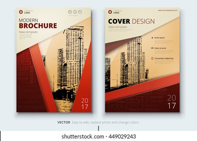 Brochure Design. Corporate Business Template For Report, Catalog, Magazine. Layout With Color Ribbon And Abstract City Background. Leaflet, Poster, Flyer Or Banner Concept For Building, Construction, 