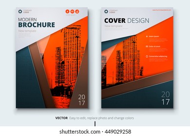 Brochure design. Corporate business template for annual report, catalog, magazine. Layout with color ribbon and abstract city background. Modern creative leaflet, poster, flyer or banner concept