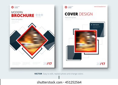 Brochure design. Corporate business template for annual report, magazine, catalog. Modern layout with square photo and red abstract rectangle shapes. Creative leaflet, poster, flyer or banner concept