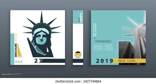 Brochure design cover template. Geometric design Statue of Liberty. New York City, buildings. First page, layout. Green and yellow design.  