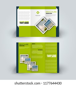 Brochure design. Creative tri-fold template. Abstract geometric background leaflet layout. Blue and green color vector illustration.