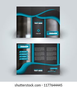 Brochure design. Creative tri-fold template. Abstract geometric background leaflet layout. Black and blue color vector illustration.