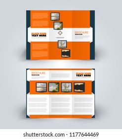 Brochure design. Creative tri-fold template. Abstract geometric background leaflet layout. Blue and orange color vector illustration.