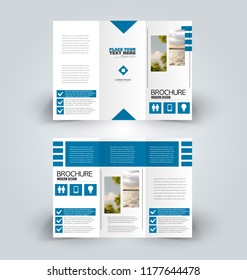 Brochure design. Creative tri-fold template. Abstract geometric background leaflet layout. Blue color vector illustration.