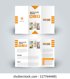 Brochure design. Creative tri-fold template. Abstract geometric background leaflet layout. Orange color vector illustration.