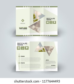 Brochure design. Creative tri-fold template. Abstract geometric background leaflet layout. Green color vector illustration.