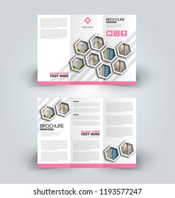 Brochure design. Creative tri-fold template. Abstract geometric background leaflet layout. Pink color vector illustration.