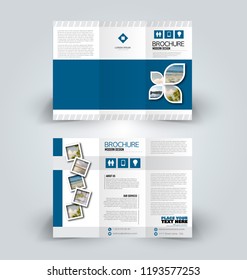 Brochure design. Creative tri-fold template. Abstract geometric background leaflet layout. Blue color vector illustration.