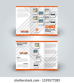 Brochure design. Creative tri-fold template. Abstract geometric background leaflet layout. Orange color vector illustration.
