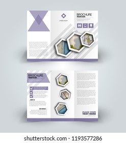 Brochure design. Creative tri-fold template. Abstract geometric background leaflet layout. Purple color vector illustration.