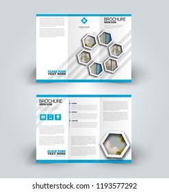 Brochure design. Creative tri-fold template. Abstract geometric background leaflet layout. Blue color vector illustration.