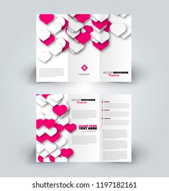 Brochure design. Creative tri-fold template. Valentine's day hearts. Abstract geometric background leaflet layout. Pink color vector illustration.