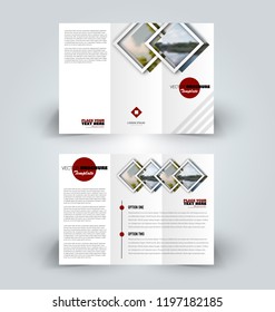 Brochure design. Creative tri-fold template. Abstract geometric background leaflet layout. Red color vector illustration.