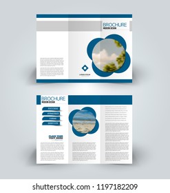 Brochure design. Creative tri-fold template. Abstract geometric background leaflet layout. Blue color vector illustration.