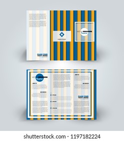 Brochure design. Creative tri-fold template. Abstract geometric background leaflet layout. Blue and orange color vector illustration.