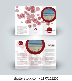 Brochure design. Creative tri-fold template. Abstract geometric background leaflet layout. Red color vector illustration.