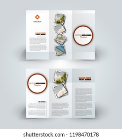 Brochure design. Creative tri-fold template. Abstract geometric background leaflet layout. Orange color vector illustration.