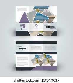 Brochure design. Creative tri-fold template. Abstract geometric background leaflet layout. Purple color vector illustration.