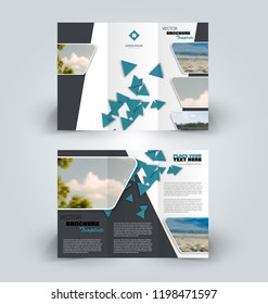 Brochure design. Creative tri-fold template. Abstract geometric background leaflet layout. Blue color vector illustration.