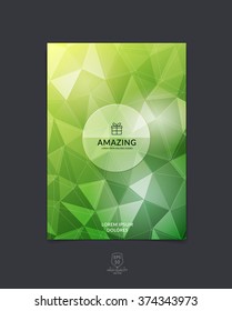 Brochure design, flyer, cover, booklet and report layout template with green polygonal background. Vector illustration.