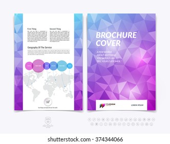 Brochure design, flyer, cover, booklet and report layout template with pink blue and red polygonal background. Vector illustration.