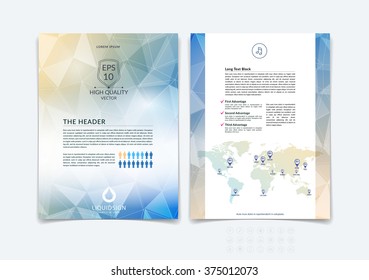 Brochure design, flyer, cover, booklet and report layout template with blue and yellow polygonal background. Vector illustration.