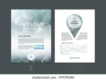 Brochure design, flyer, cover, booklet and report layout template with grey green steel polygonal background. Vector illustration.