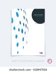 Brochure design, flyer, leaflet, with blue abstract molecule structure, genetic and chemical compounds. Cover template layout with science and connection concept or social network. Business Vector.