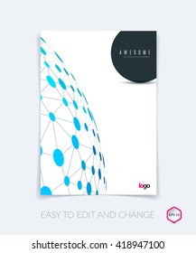 Brochure design, flyer, leaflet, with blue abstract molecule structure, genetic and chemical compounds. Cover template layout with science and connection concept or social network. Business Vector.