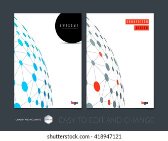 Brochure design, flyer, leaflet, with blue abstract molecule structure, genetic and chemical compounds. Cover template layout with science and connection concept or social network. Business Vector.