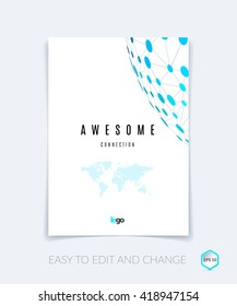 Brochure design, flyer, leaflet, with blue abstract molecule structure, genetic and chemical compounds. Cover template layout with science and connection concept or social network. Business Vector.