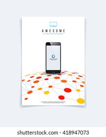 Brochure design, flyer, leaflet, with red abstract molecule structure, genetic and chemical compounds. Cover template layout with science and connection concept or social network.
