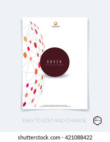 Brochure design, flyer, leaflet, with red abstract molecule structure, genetic and chemical compounds. Cover template layout with science and connection concept or social network.
