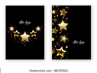 Brochure design with gold, shining stars on black background.