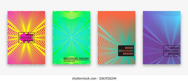 Brochure design with halftone wave lines and neon gradients. Vector illustration.