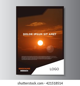 Brochure design layout. Leaflet empty layout. Printable flyer. Magazine cover, poster cover. Annual report template. Sunset background. Sunset photo. Vector illustration, eps 10