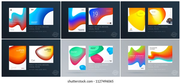 Brochure design liquid template. Colourful modern abstract set, annual report with fluid shapes for branding.