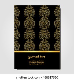 brochure design with a minimalist oriental pattern. Gold Ornament handmade. It can be used in the design of packaging, brochures, logos, etc.