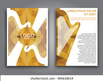 brochure design, poster, flyer printing and advertising, with gold polygonal elements and harp. Vector illustration