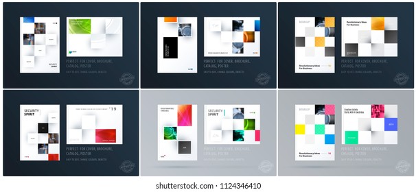 Brochure design rectangular template. Colourful modern abstract set, annual report with shapes for branding.