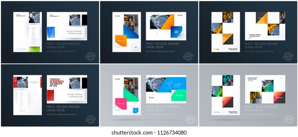 Brochure design rectangular template. Colourful modern abstract set, annual report with shapes for branding.