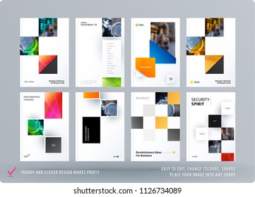 Brochure design rectangular template. Colourful modern abstract set, annual report with shapes for branding.