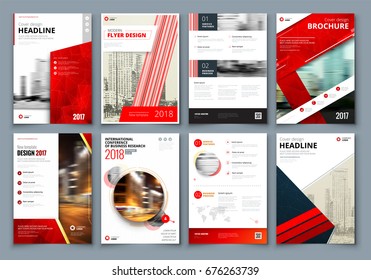 Brochure design. Red Corporate business template for brochure, report, catalog, magazine, book, booklet. Layout with modern triangle elements and abstract background. Creative vector concept