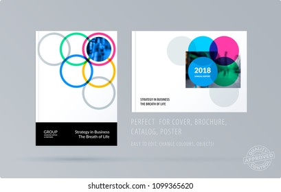 Brochure design round template. Colourful modern abstract set, annual report with circles rings for branding.