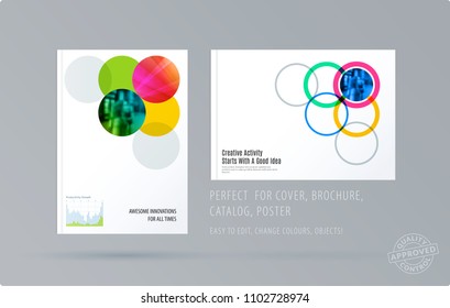 Brochure design round template. Colourful modern abstract set, annual report with circles rings for branding.