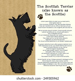 Brochure design with sketch of a sweet standing Scottish terrier, isolated on kraft paper background and space for the text. Hand drawn cartoon dog begging for a treat.