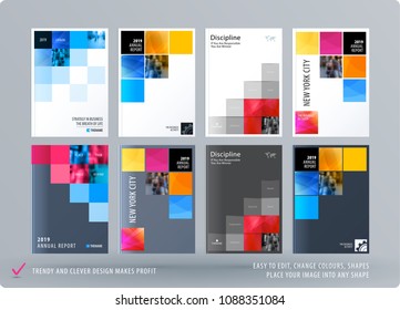Brochure design square template. Colourful modern abstract set, annual report with pixels for branding.