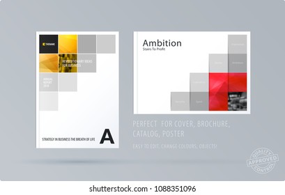 Brochure design square template. Colourful modern abstract set, annual report with pixels for branding.