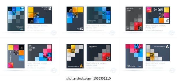 Brochure design square template. Colourful modern abstract set, annual report with pixels for branding.